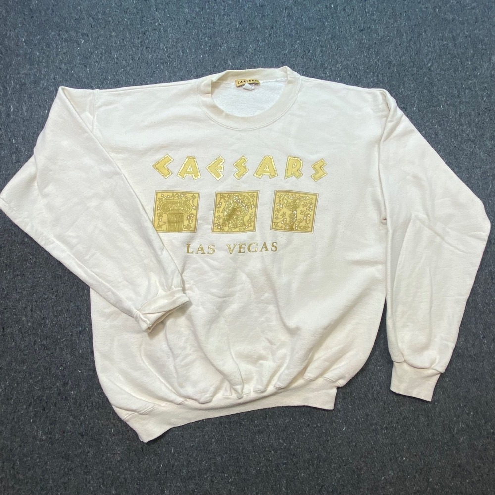 Caesars Sweatshirt Medium M Men Cream Las Vegas Vintage Gold Graphic Made in USA